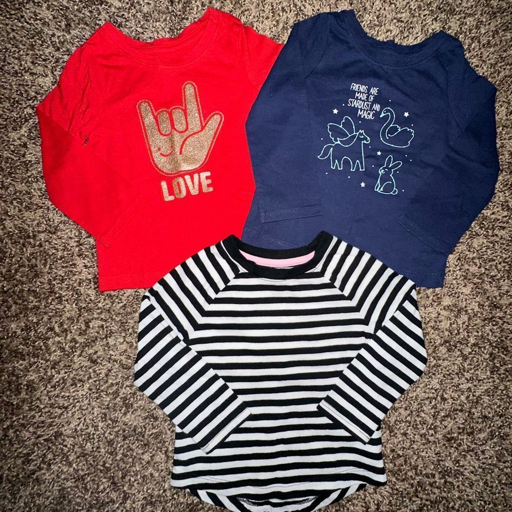 Lot of 3 Cat & Jack Long Sleeve Girls Shirts Tops Size 18mo blue red and stripe